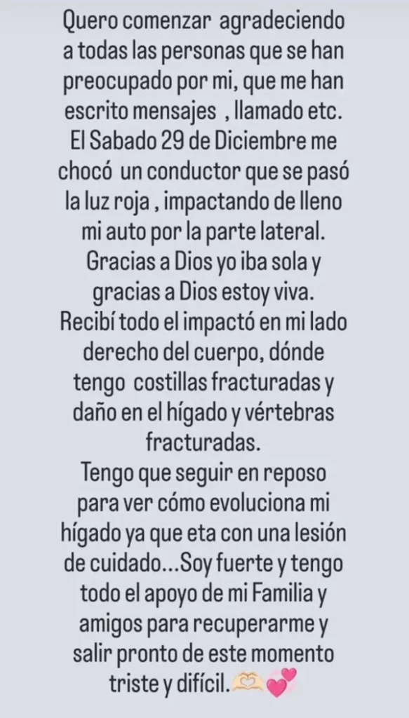 Exintegrante de “Rojo”, Icha Sobarzo, sufrió grave accidente automovilístico: “Gracias a Dios estoy viva”
