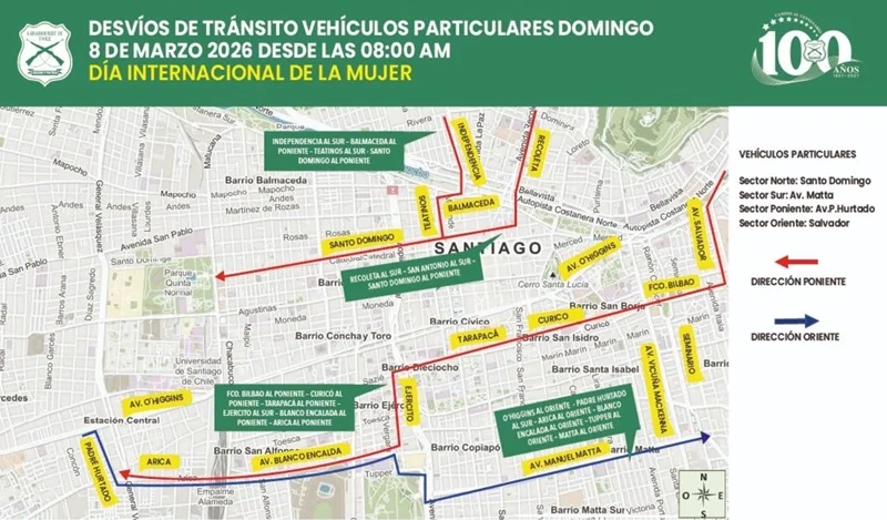 Mapa con los desvíos de tránsito en Santiago por la marcha del 8M
