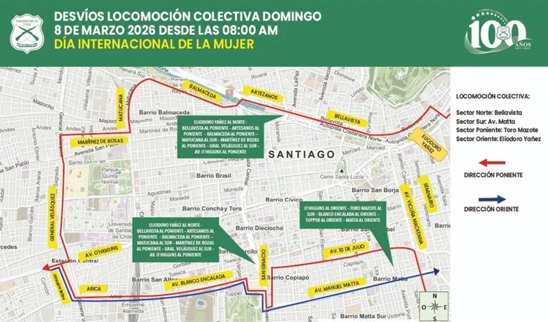 Mapa con los desvíos de tránsito en Santiago por la marcha del 8M