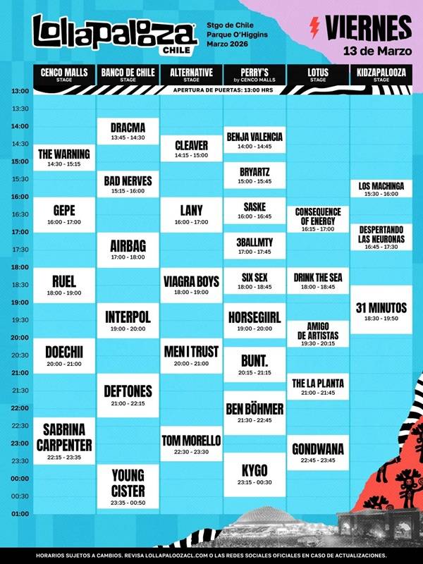 Horarios Lollapalooza Chile 2026 para el viernes 13 de marzo
